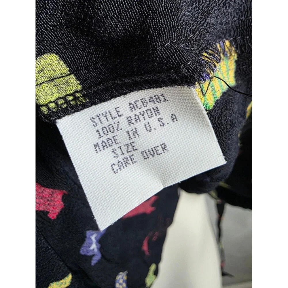 Vtg 90s David Dart Black Button Up Novelty Print Multicolor Dress Sz L Collar